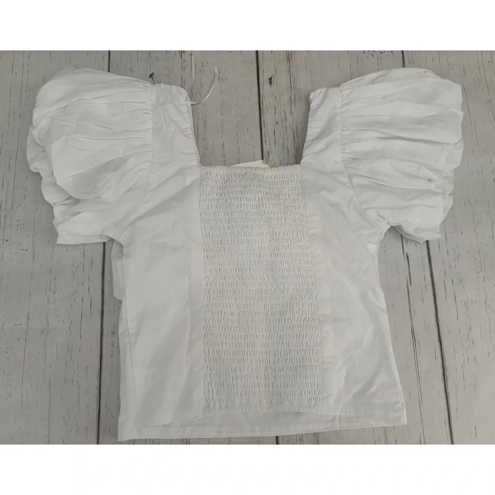 Abercrombie & Fitch‎ White Puff Sleeve Cropped V-Neck Ruched Blouse XS